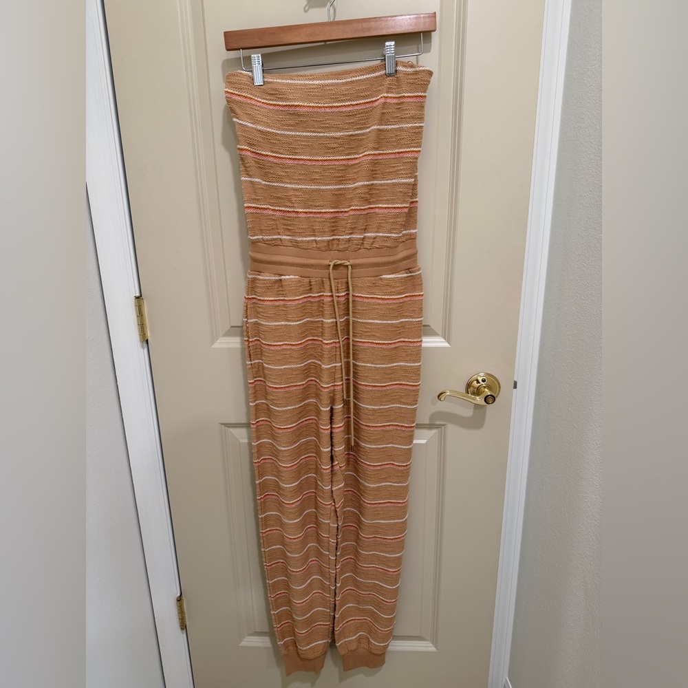L*Space Beige and White Striped cinched waist Jumpsuit SMALL with pockets - Picture 4 of 8